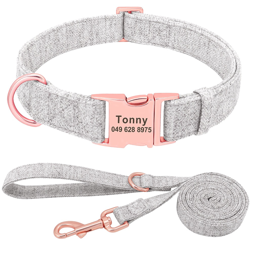 Personalized Rose Gold Hemp Collar and Leash-Light Gray