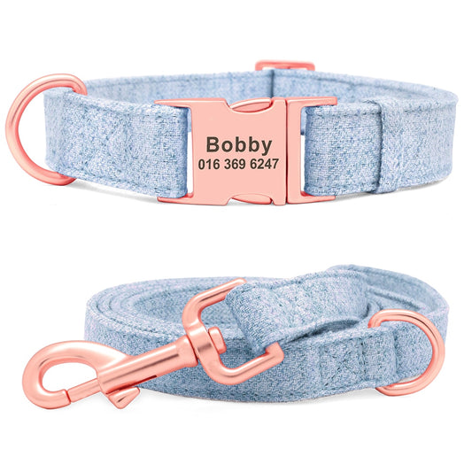 Personalized Rose Gold Hemp Collar and Leash-Sky Blue