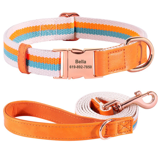 Personalized Striped Collar and Leash-Aqua Blue/Orange