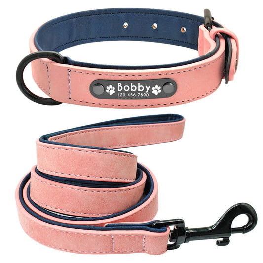 Personalized Leather  Dog Collar and Leash-Blush