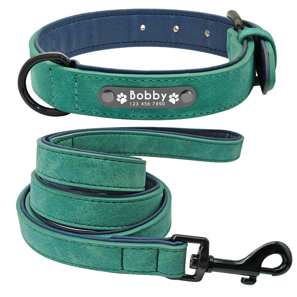 Personalized Leather  Dog Collar and Leash-Blush Green