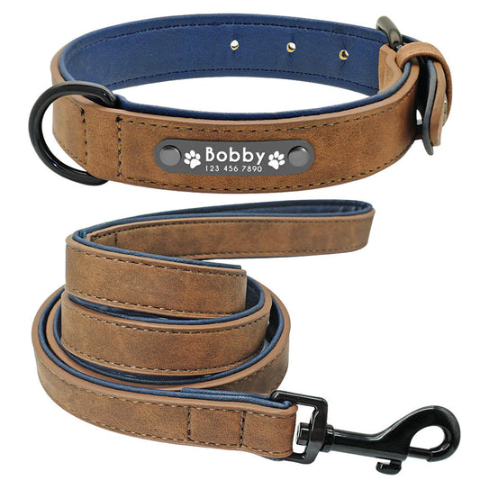 Personalized Leather  Dog Collar and Leash-Coffee