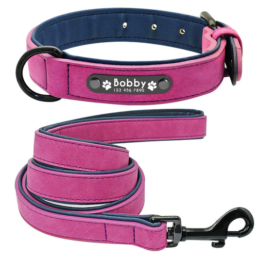 Personalized Leather  Dog Collar and Leash-Fuchsia